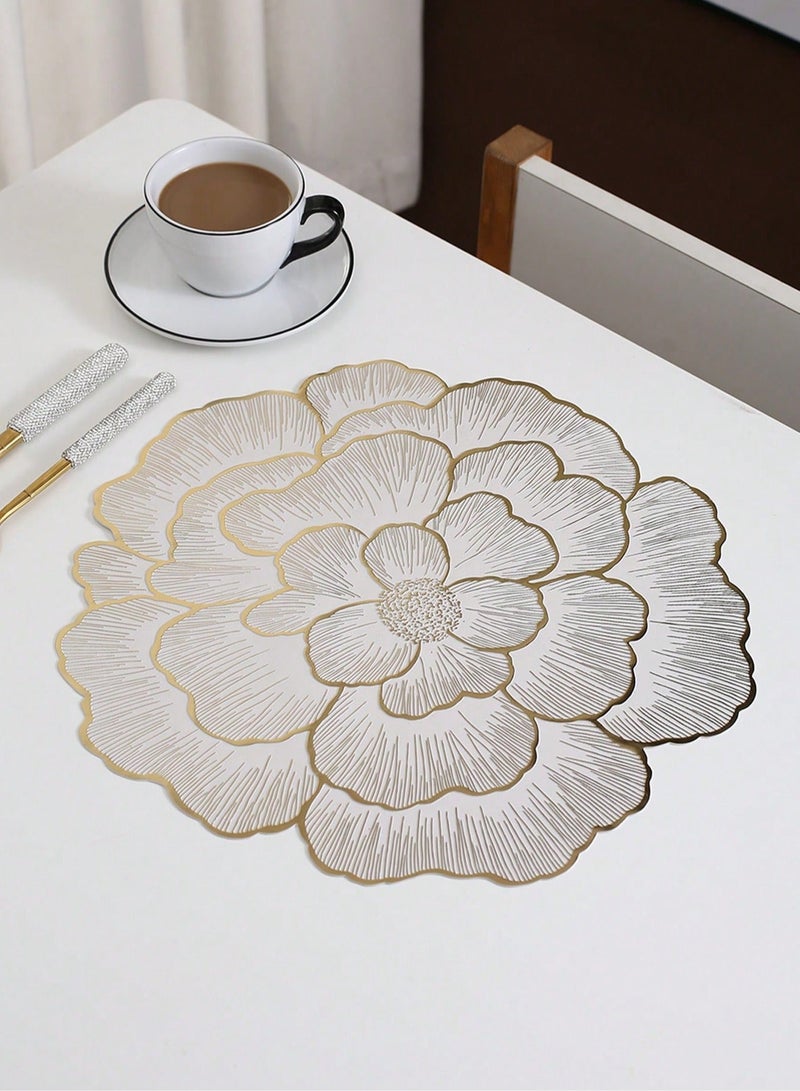 2 PC Golden Creative Flower Design PVC Placemat, Washable, Easy To Clean, Wipeable, Non-Slip, Heat Resistant, For Holiday Wedding Festival Dining Table Decoration - Image 1